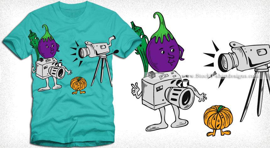 Cartoon Vegetables Characters with Camera Vector T-shirt Design | Vector T-shirt  Designs