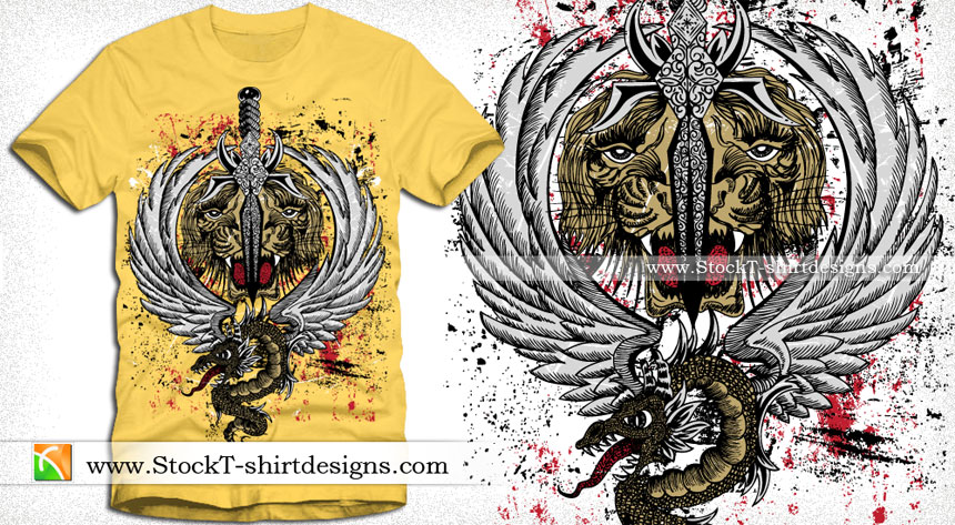 Tiger Head With Wings Sword And Dragon Vector T Shirt Design