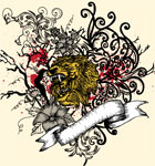 Vector T-shirt Graphics with Lion Head, Ribbon and Floral