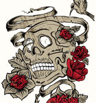 Vintage Vector Tee Design with Skull and  Rose Flowers