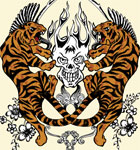 Vector T-shirt Illustration with Tigers, Flame Skull and Flowers