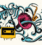 Vector T-shirt Illustration with Gramophone, Floral and Cassette