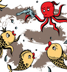 Sea Creatures Cartoon Octopus and Fish Vector T-Shirt Design