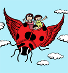Cute Cartoon Kids Riding a Flying Ladybug Vector T-shirt Design